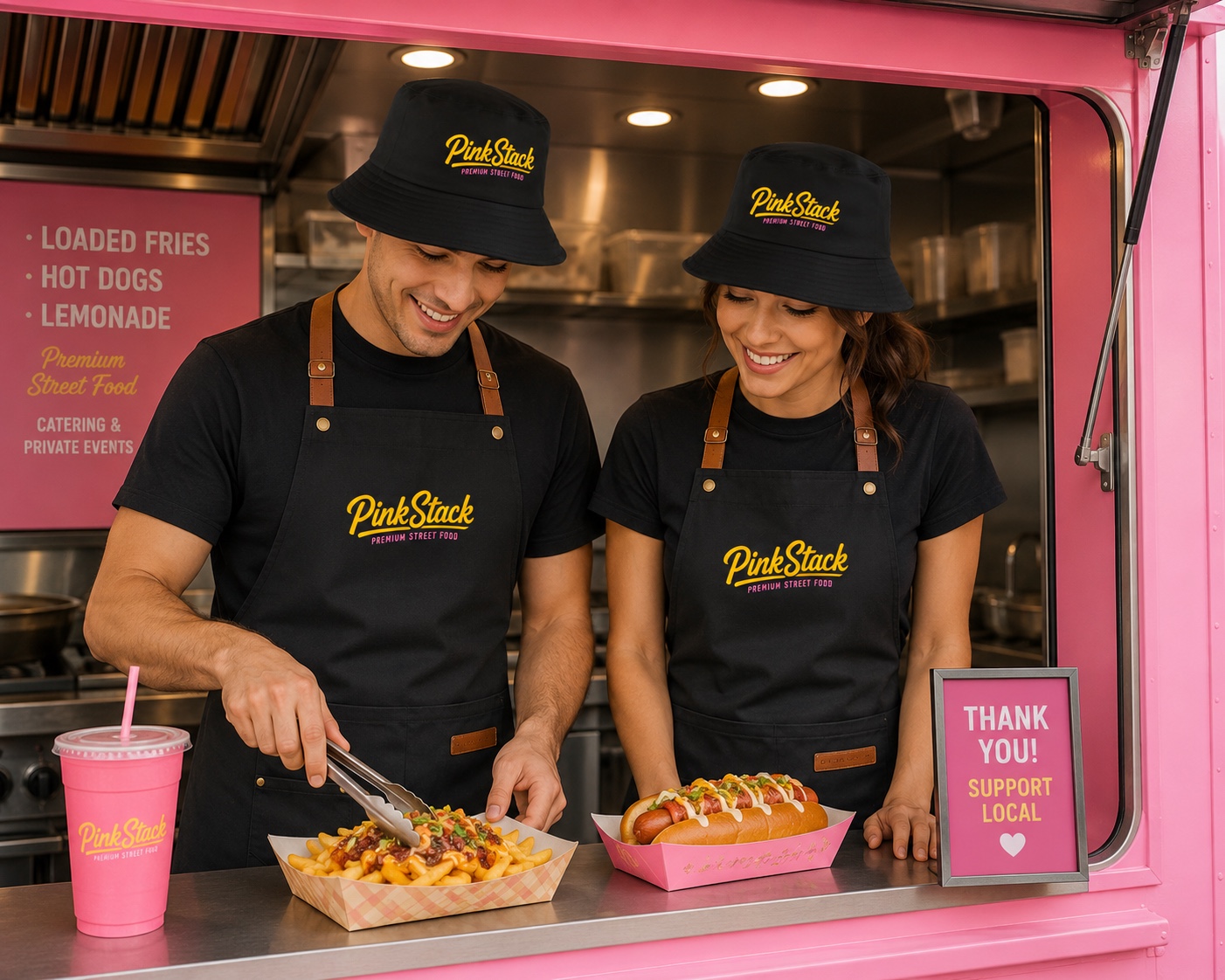 Pink Stack team serving food from the pink food truck